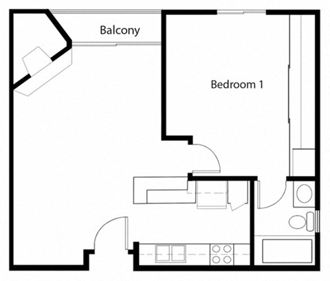 Floor plan for 1 bed, 1 bath, 650 sqft
